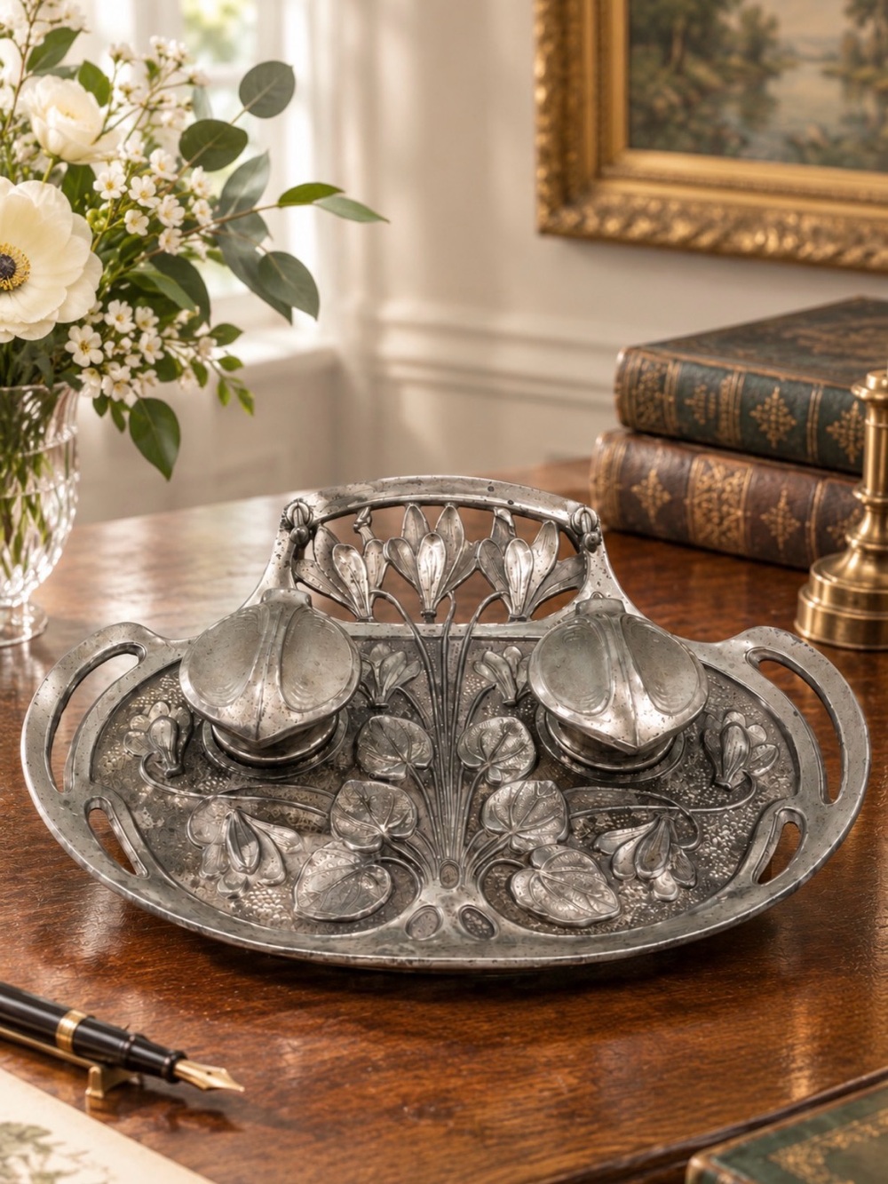 Large French Art Nouveau Pewter Inkwell Tray with Intricate Antique Floral Motif